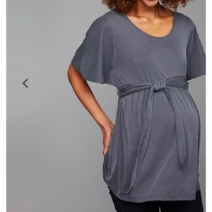 Gray flutter sleeve top with tie
